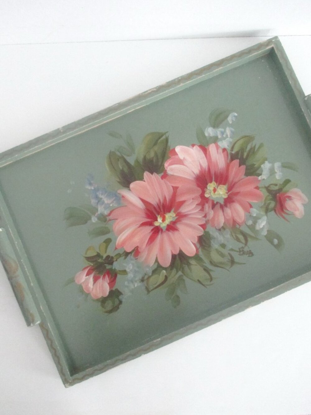 Hand Painted Wood Tray Shabby Cottagecore Florals Signed 1950s